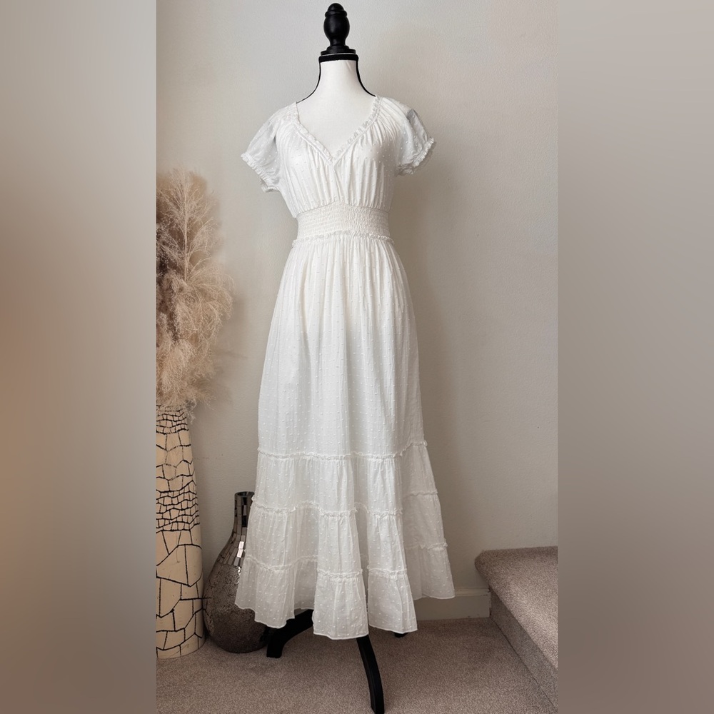 Betsey Johnson White Swiss-Dot Maxi Dress with Smocked Waist - Small
